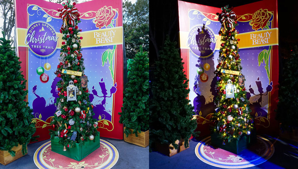 beast-x – WDWINFO.COM Photo Comparison: Disney Springs Christmas Tree Trail, Day and Night beast-x beast-x