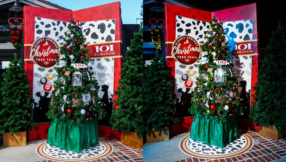 dalmations-x – WDWINFO.COM Photo Comparison: Disney Springs Christmas Tree Trail, Day and Night dalmations-x dalmations-x