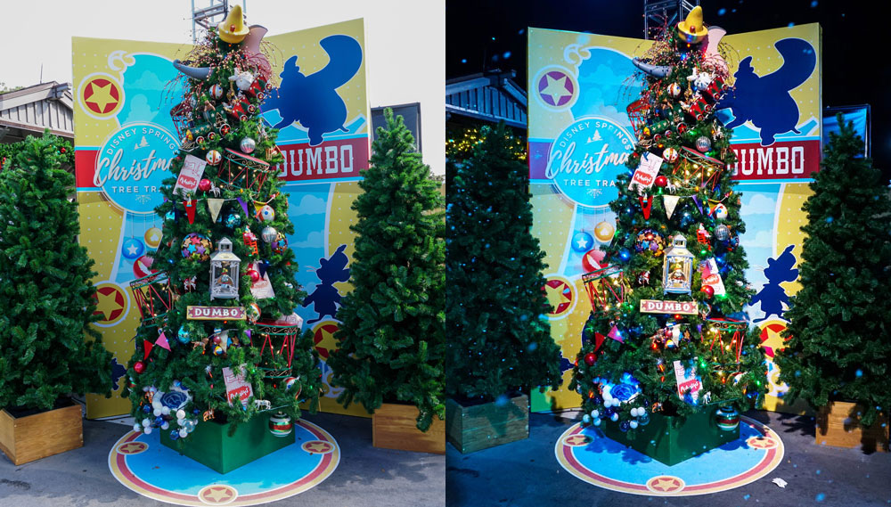dumbo-x – WDWINFO.COM Photo Comparison: Disney Springs Christmas Tree Trail, Day and Night dumbo-x dumbo-x