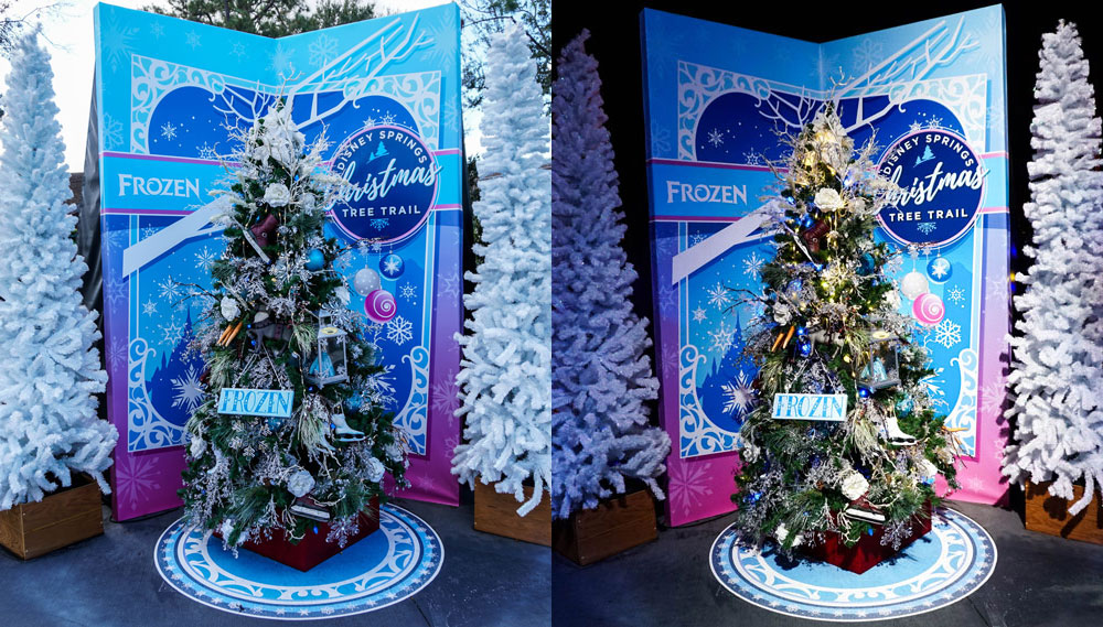 frozen-x – WDWINFO.COM Photo Comparison: Disney Springs Christmas Tree Trail, Day and Night frozen-x frozen-x