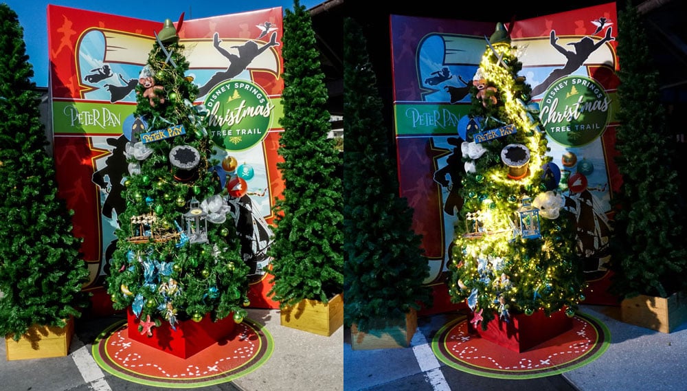 pan-x – WDWINFO.COM Photo Comparison: Disney Springs Christmas Tree Trail, Day and Night pan-x pan-x
