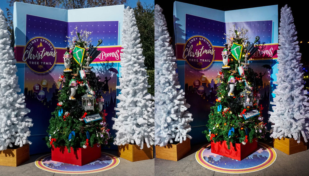 poppins-x – WDWINFO.COM Photo Comparison: Disney Springs Christmas Tree Trail, Day and Night poppins-x poppins-x