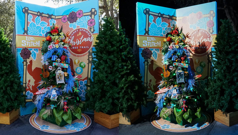 stitch-x – WDWINFO.COM Photo Comparison: Disney Springs Christmas Tree Trail, Day and Night stitch-x stitch-x