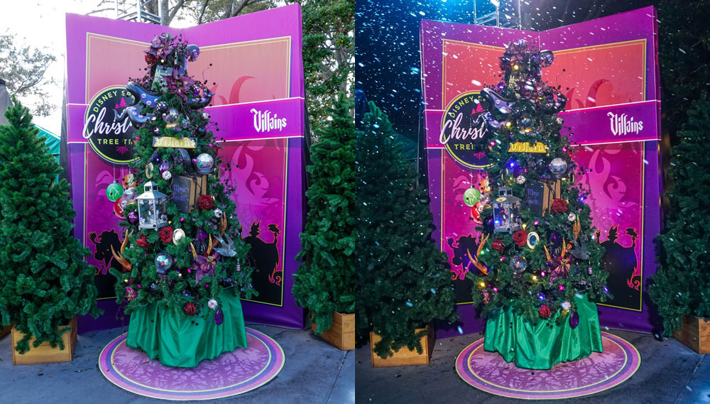 villains-x – WDWINFO.COM Photo Comparison: Disney Springs Christmas Tree Trail, Day and Night villains-x villains-x