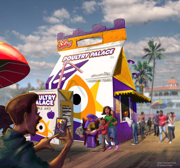 Artist rendering of the new Poultry Palace quick service restaurant, provided by Walt Disney Imagineering, part of the upcoming changes to the new Pixar Pier development at Disney California Adventure in Anaheim, as of March 8, 2018. The pier is still under construction. (Disneyâ¢Pixar)