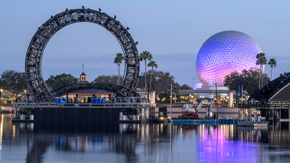 Harmonious ring at dawn – WDWINFO.COM Large Harmonious Ring Structure Moved into EPCOT Lagoon Harmonious ring at dawn