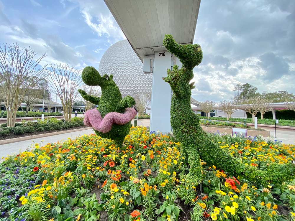 FG-entrance-garden-2021-04 – WDWINFO.COM DISNEY PARK PICS: EPCOT Entrance Topiaries In Place for Start of Flower & Garden Festival FG-entrance-garden-2021-04