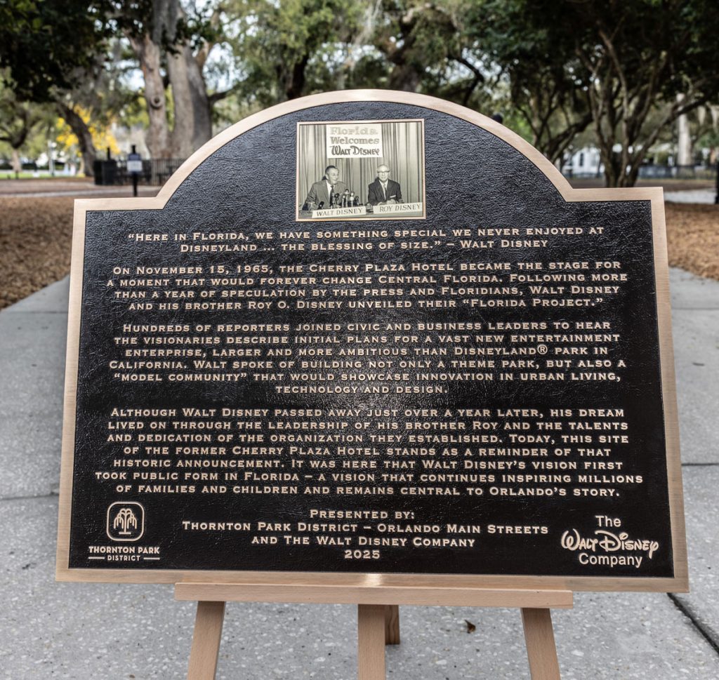 twdc-thornton-park-placque-closeup – WDWINFO.COM Orlando Unveils Plaque Honoring Historic Walt Disney World Announcement Site twdc-thornton-park-placque-closeup