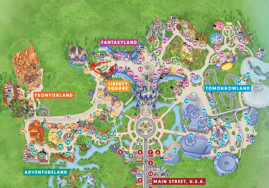 MK-map | WDWINFO.COM You Need to Know About This Rest Area in Disney’s Magic Kingdom MK-map Map of Magic Kingdom with a red circle around the rest stop, near number 40