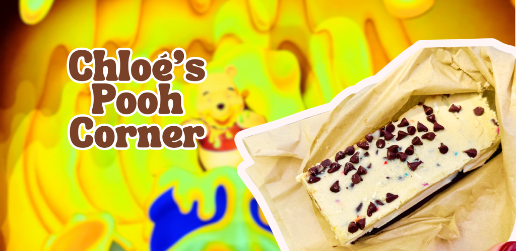 Chloe’s Pooh Corner: The BEST Sweet Treat at Disney’s Animal Kingdom chloes pooh corner header-cookie dough ice cream sandwich